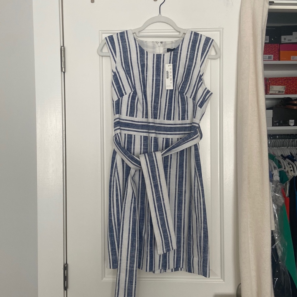 J.Crew belted linen dress in blue & white stripes NWT